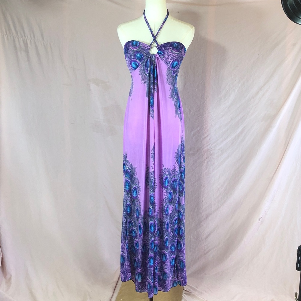 Strapless Halter Peacock Print Maxi Dress - Purple Size Medium